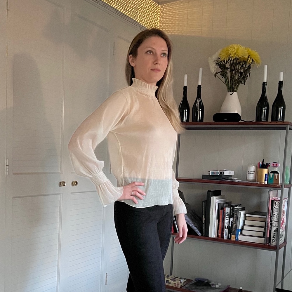 OAK + FORT Cream High-Neck Sheer Blouse